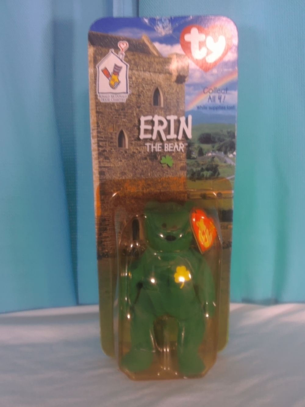 TY Erin the Bear Green Plush Figure with Yellow Shamrock Accent